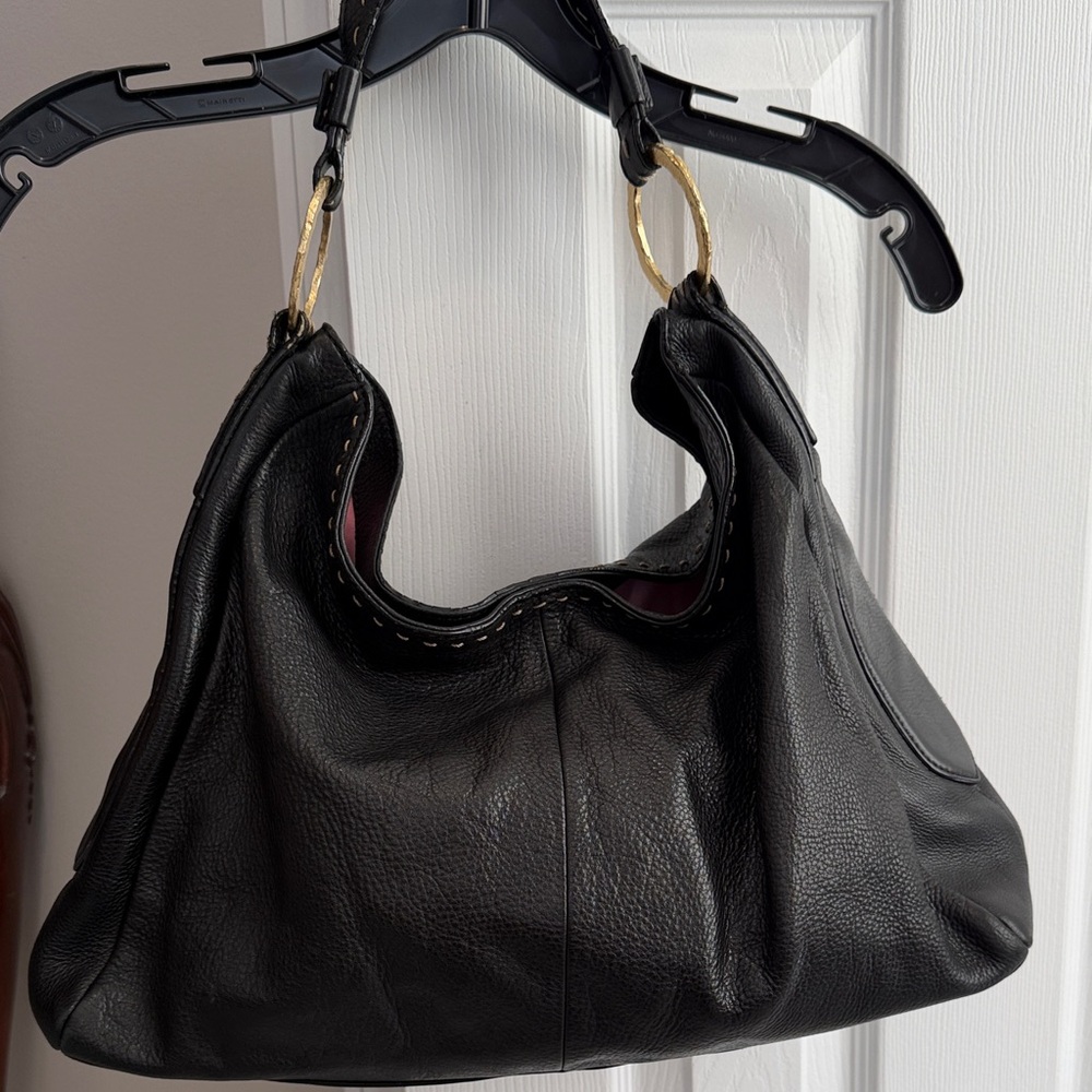 Sigrid Olsen Black Leather Hobo Bag with Gold Accents